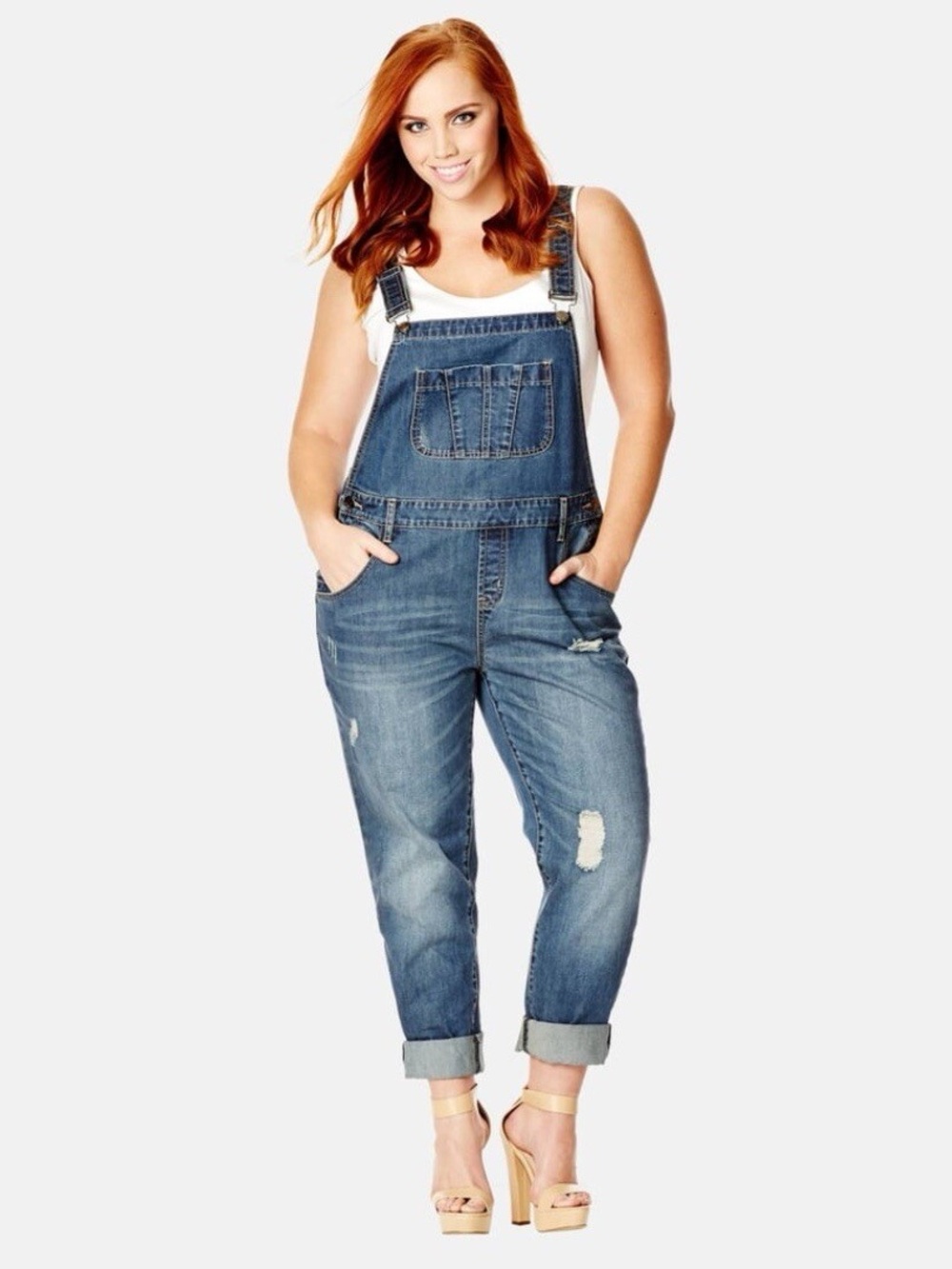 City Chic Distressed Blue Denim Overalls